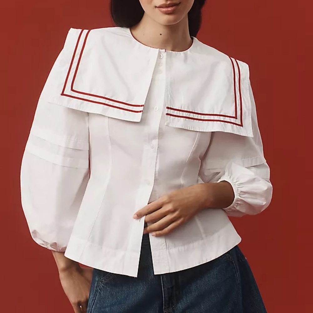 Damson Madder Elsie White Sailor-Collar Button-Front Blouse